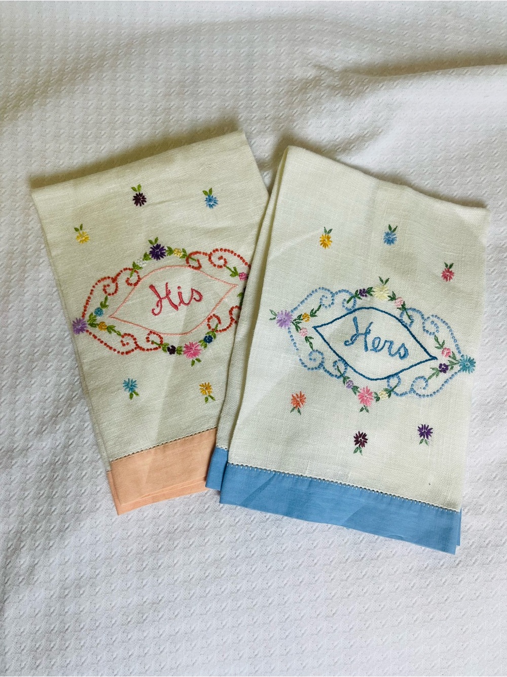 Embroidered 'His' and 'Hers' Vintage Tea Towels - Blue and Peach Trim